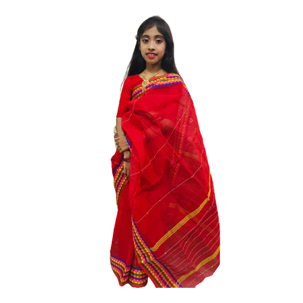 Cotton Jamdani Baby Saree For Girl - Red - KS-02