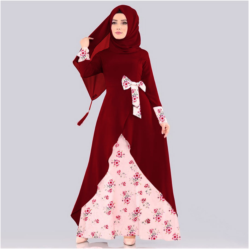 Stitched Alex With Linen Printed Hijab and Burka for Women - Maroon - B_463