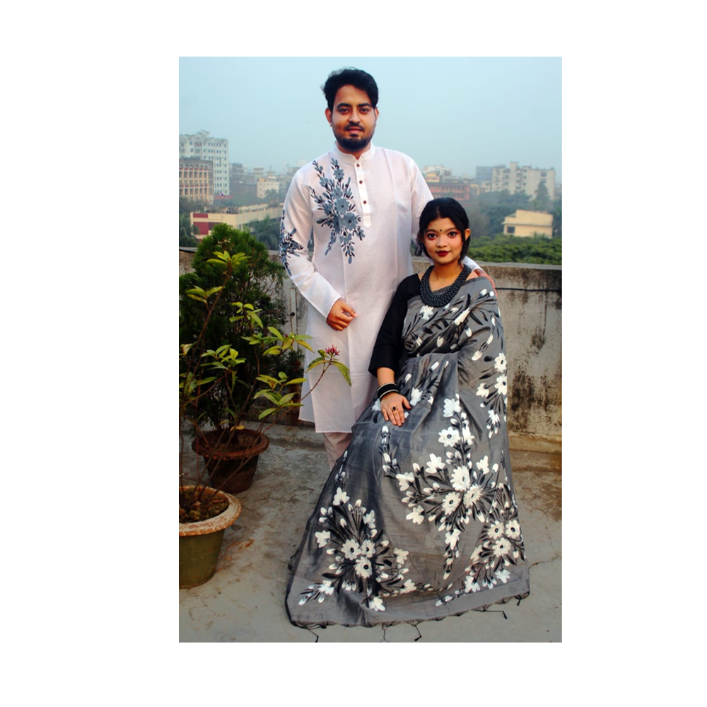 Hand Printed Half Silk Saree and Dhupian Cotton Panjabi For Couple Set - BAN100