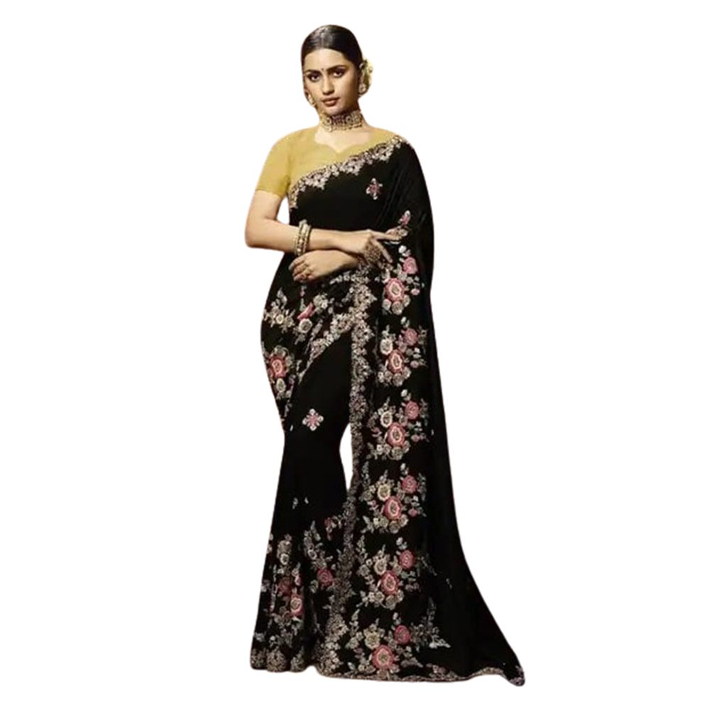 Weightless Georgette Embroidery Saree With Blouse Piece For Women - Black - SJ-82