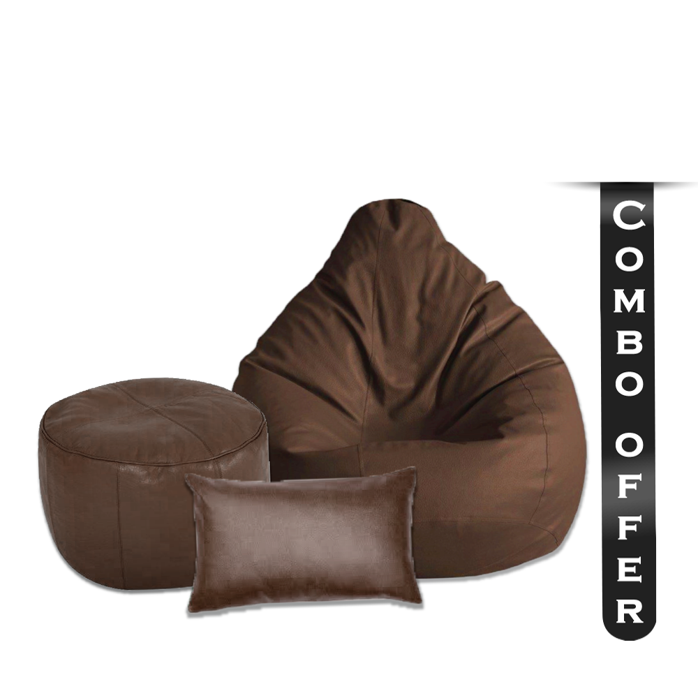 Combo of 3 Pcs Jumbo Pear Shape Artificial Leather Beanbag With Footrest and Pillow - XXL - Brown