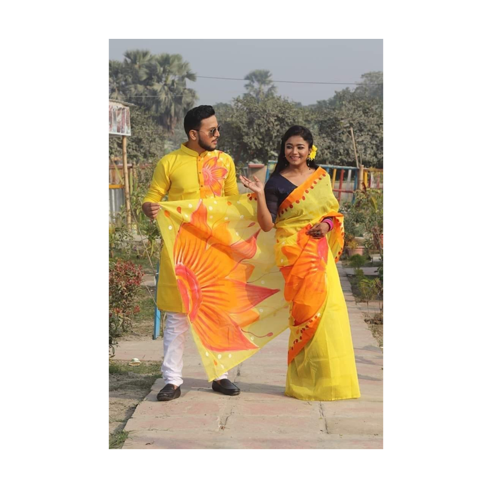 Hand Printed Half Silk Saree and Dhupian Cotton Panjabi For Couple Set