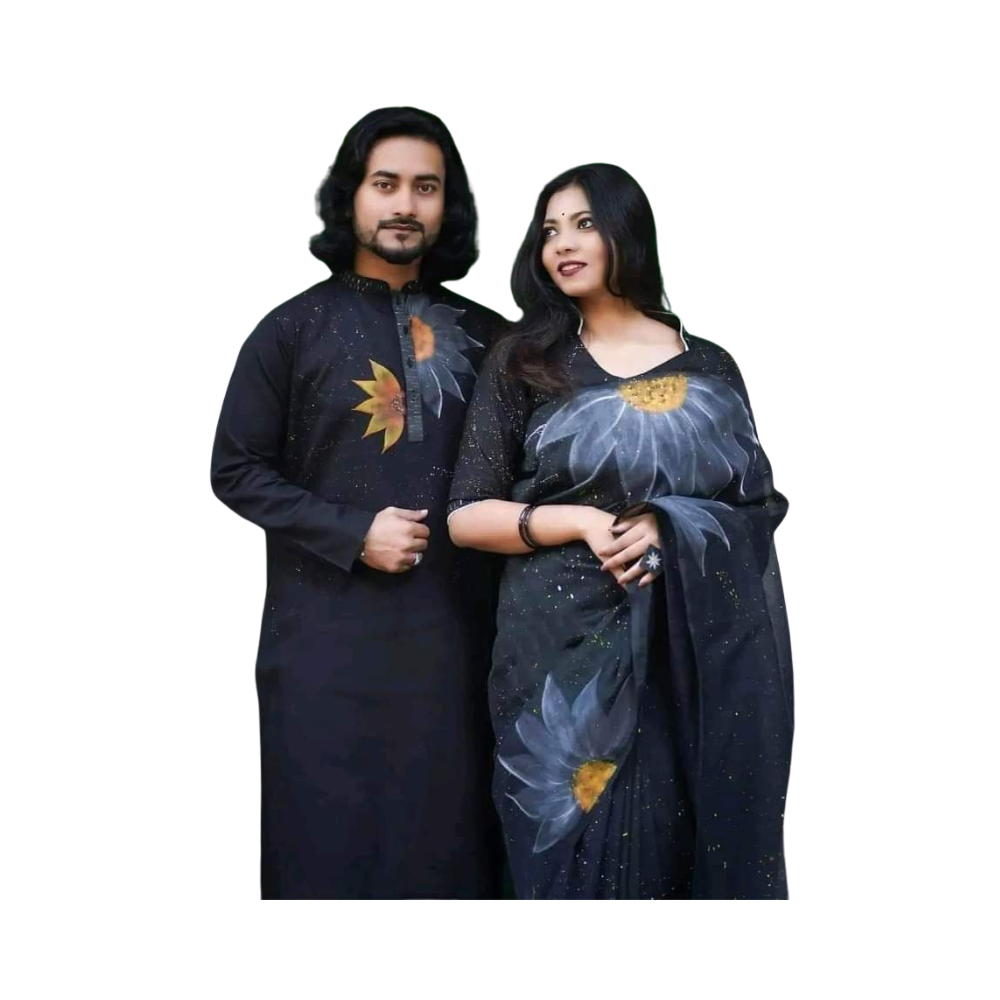 Cotton Silk Saree and Dhupian Cotton Punjabi Couple Dress - Black & Grey - SC62