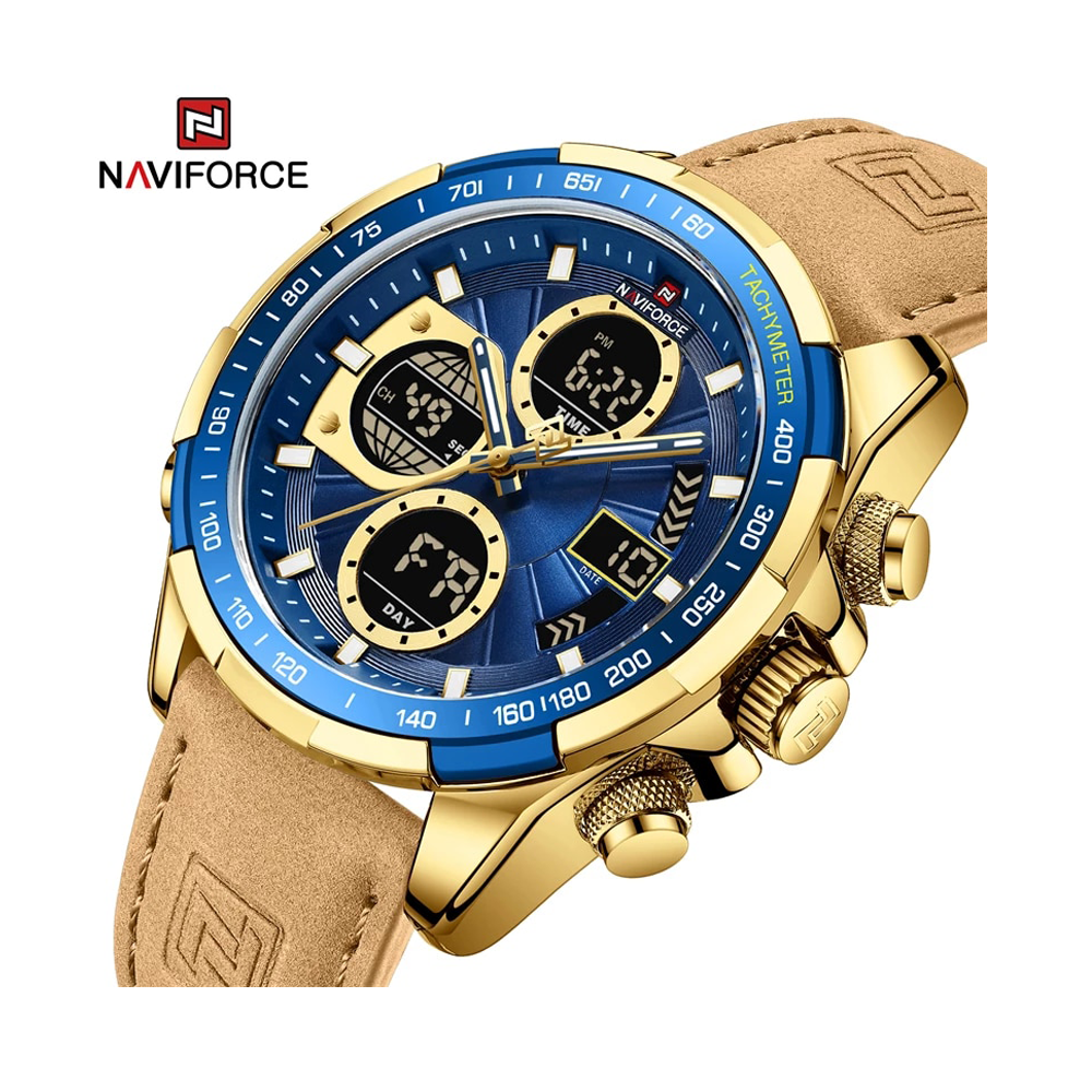 NAVIFORCE NF9197 PU Leather Dual Time Watch For Men - Golden and Brown