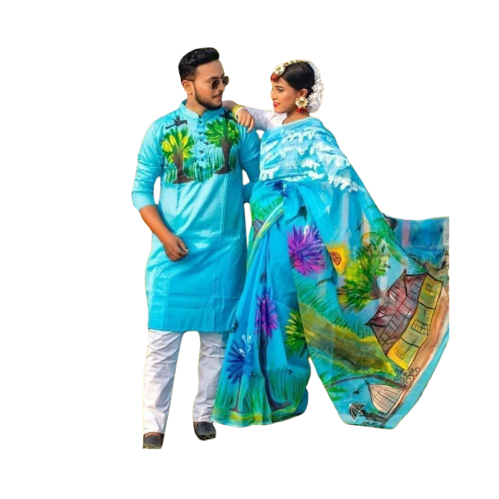 Cotton Silk Saree and Dhupian Cotton Panjabi Couple Dress - Sky Blue - SC89