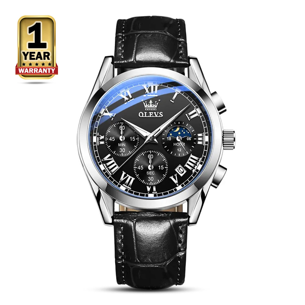 OLEVS 2871 PU Leather Analog Watch For Men - Black