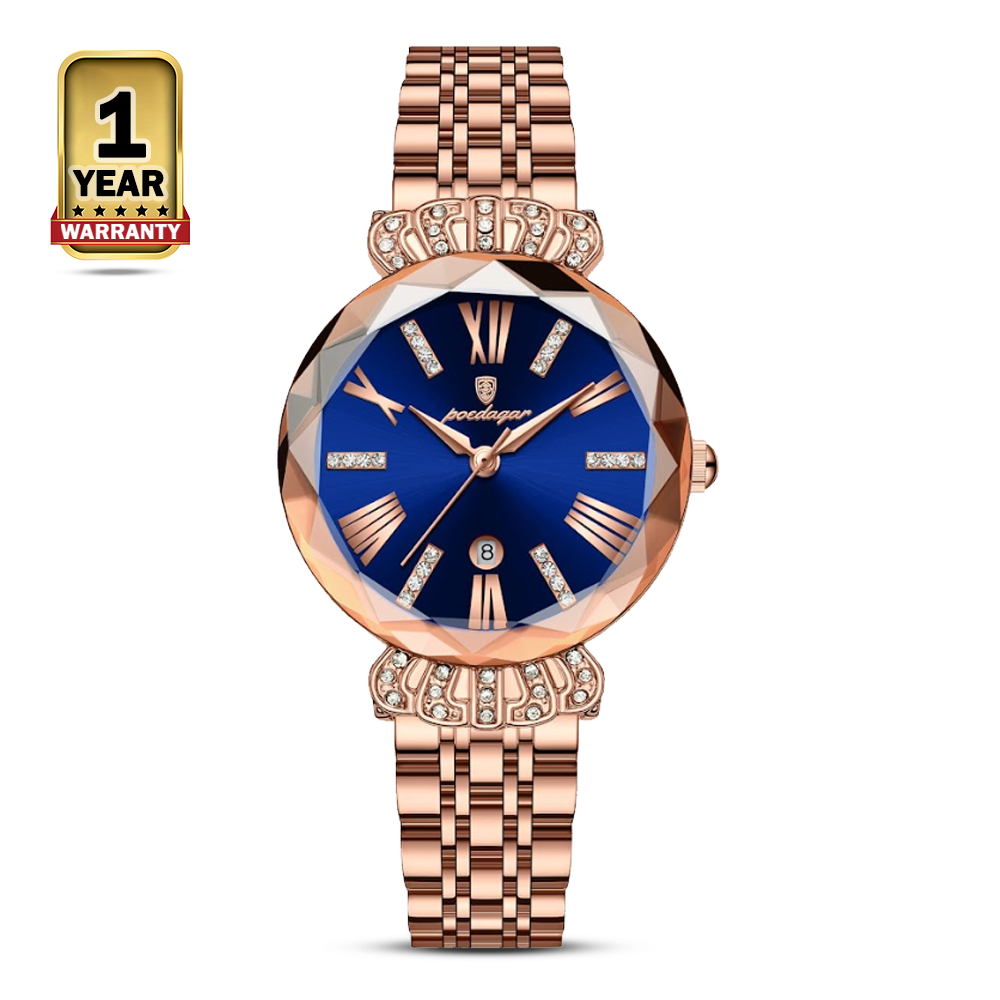 Poedagar 766 Stainless Steel Wrist Watch For Women - Rose Gold and Royal Blue