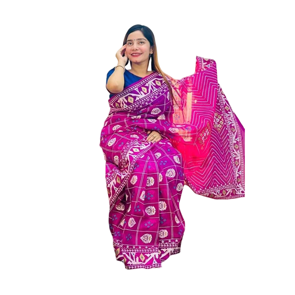 Half Silk Screen Print Saree For Woman - Multicolor