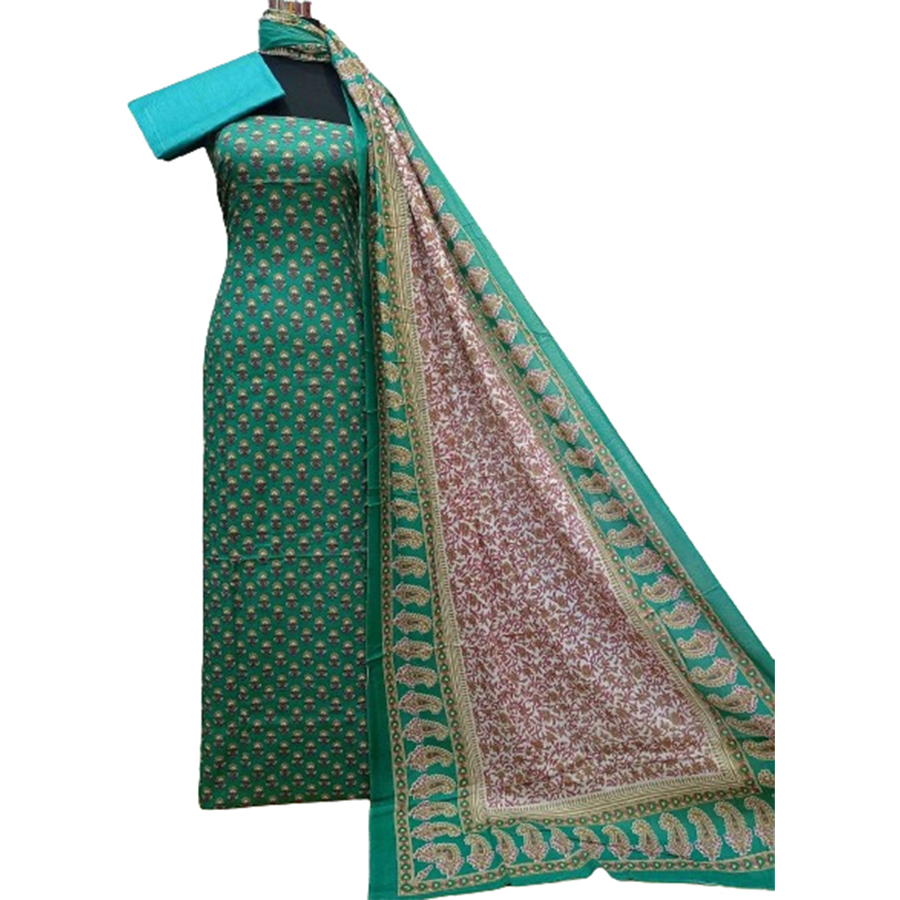 Cotton Unstitched Printed Salwar Kameez For Women - Green - 3R-P118