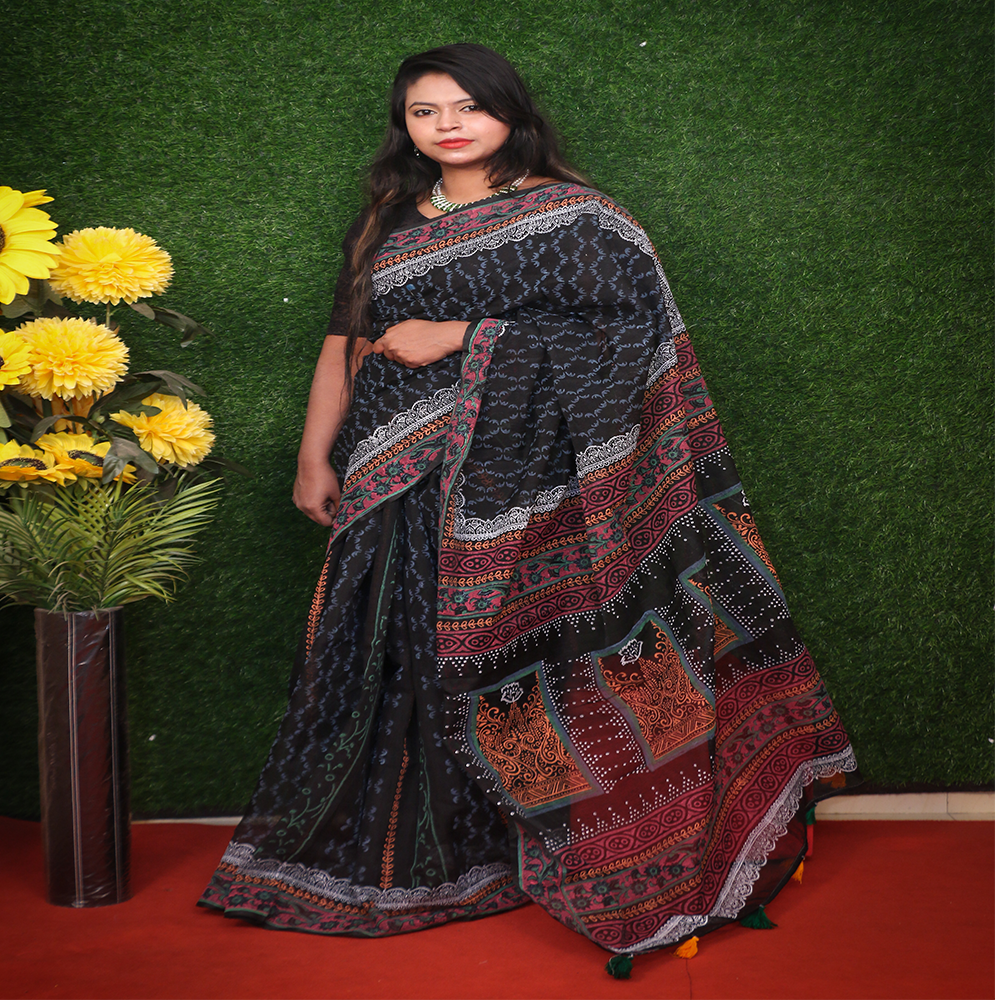 Cotton Half Silk Hand Printed Saree For Women - Black - Single _ 08