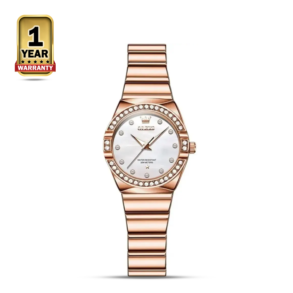 OLEVS 9975 Stainless Steel Wrist Watch For Women - Rose Gold White