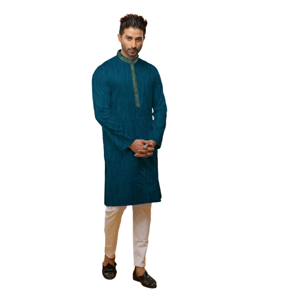 Cotton Digital Print Semi Long Embroidery Panjabi For Men - Teal - PS-19