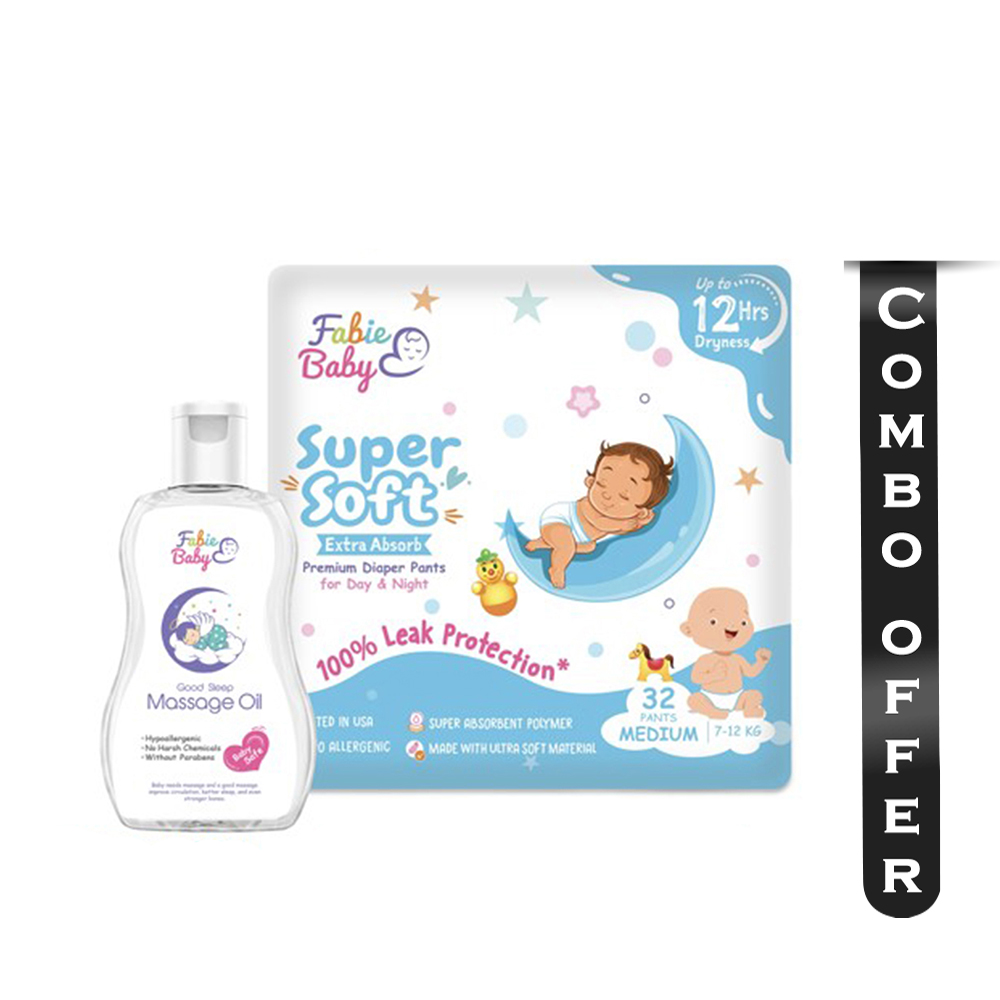 Combo of Fabie Baby Supersoft Extra Absorb Premium Diaper Pants Medium (7-12 Kg) - 32 Pcs and Massage Oil - 200ml
