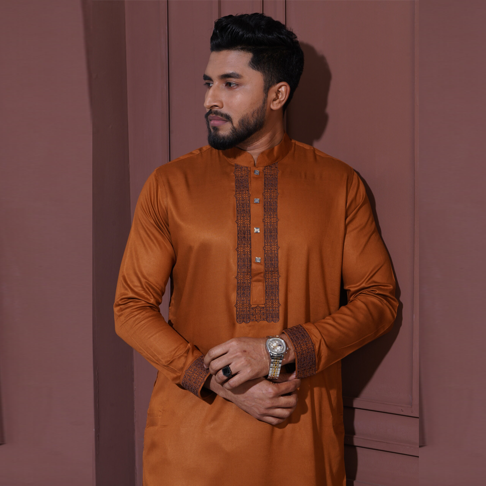 Aman Cotton Embroidery Panjabi for Men - Saddle Brown - P5