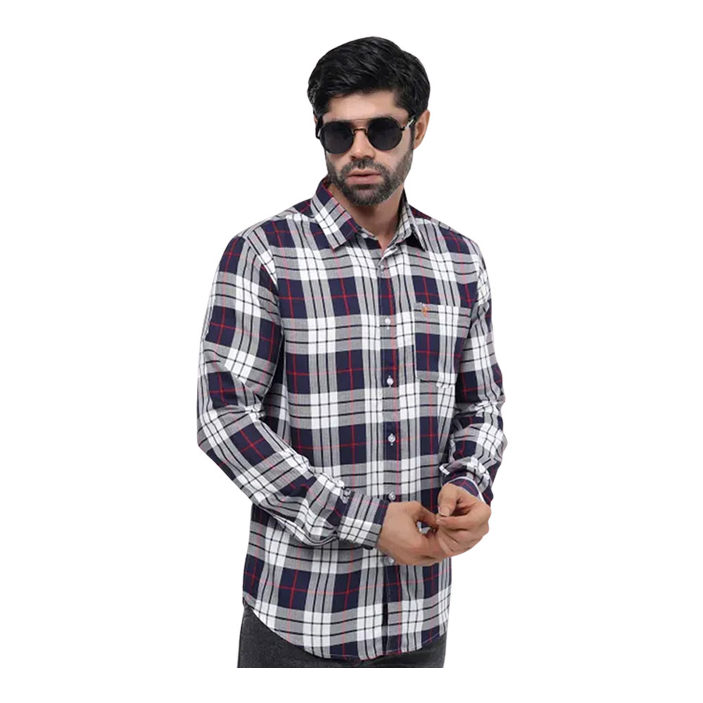 Cotton Full Sleeve Casual Check Shirt for Men - Navy Blue