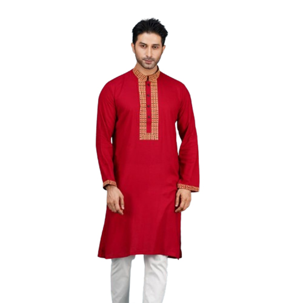 Cotton Embroidery Semi Long Panjabi For Men - Red - PM-14