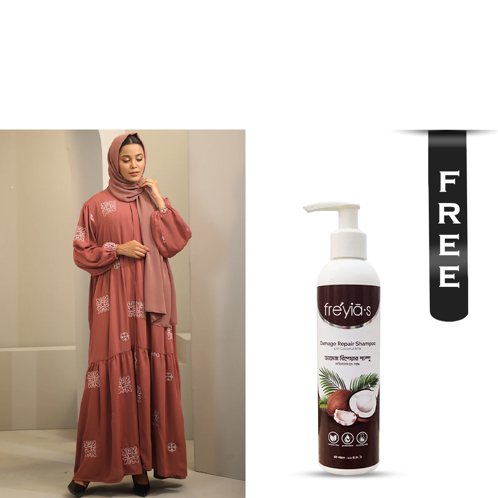 Buy Hiba Cherry Georgette Abaya for Women - 0224 000266 - Punch Pink and Get Freyias Damage Repair Shampoo with Coconut Milk - 220ml Free