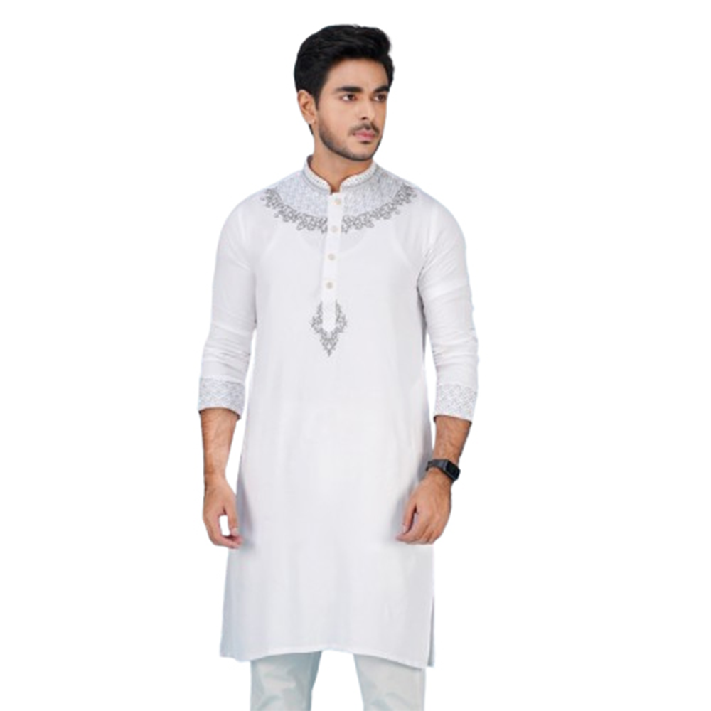 Cotton Embroidery Semi Long Panjabi For Men - White - PM-32