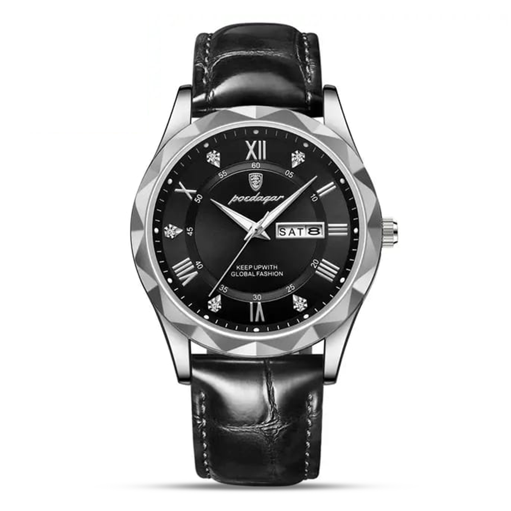 Poedagar 615 Leather Analog Quartz Watch For Men - Silver and Black