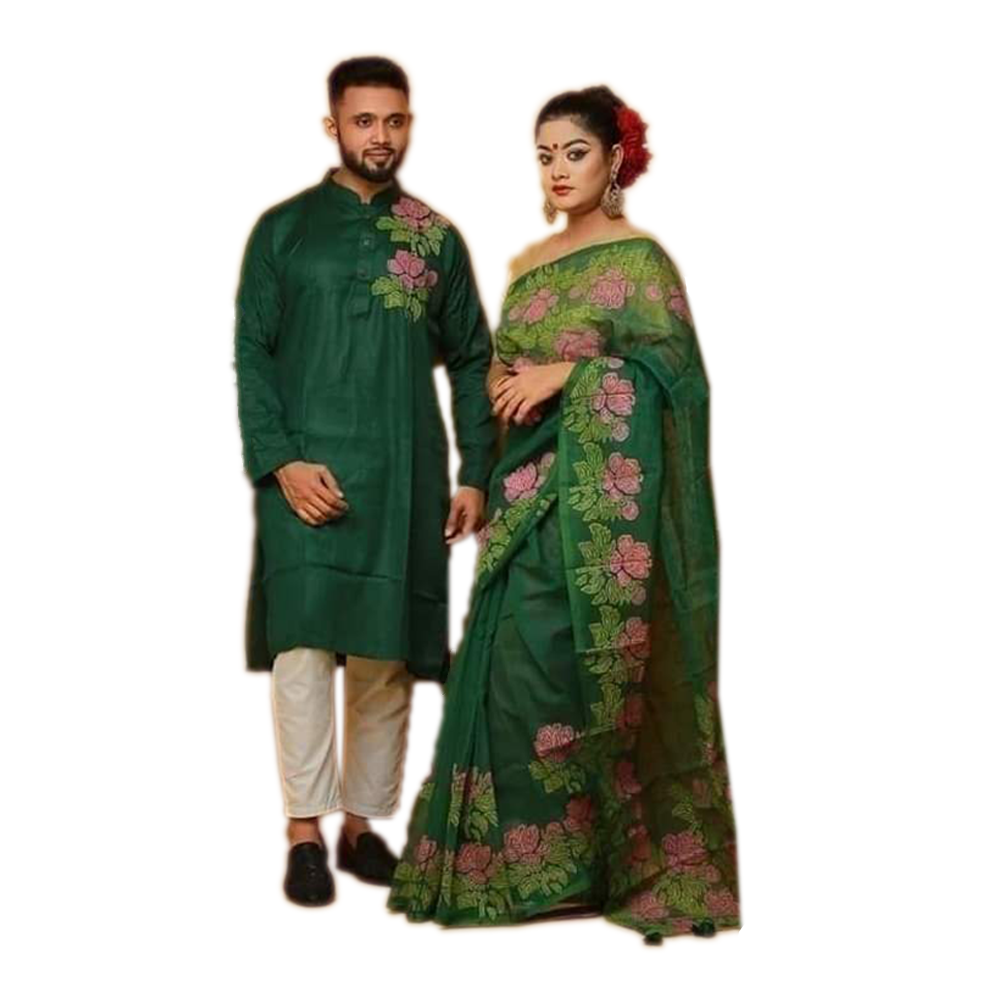 Half Silk Saree and Dhupian Silk Panjabi Couple Dress - Green - CP-04