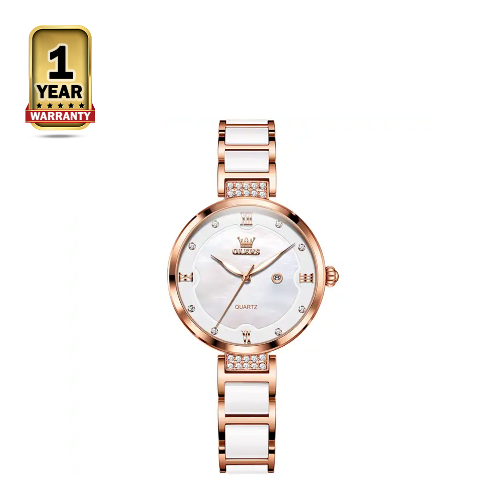 OLEVS 5589 Quartz Round-Dial Ceramic Analog Watch For Women - Rose White