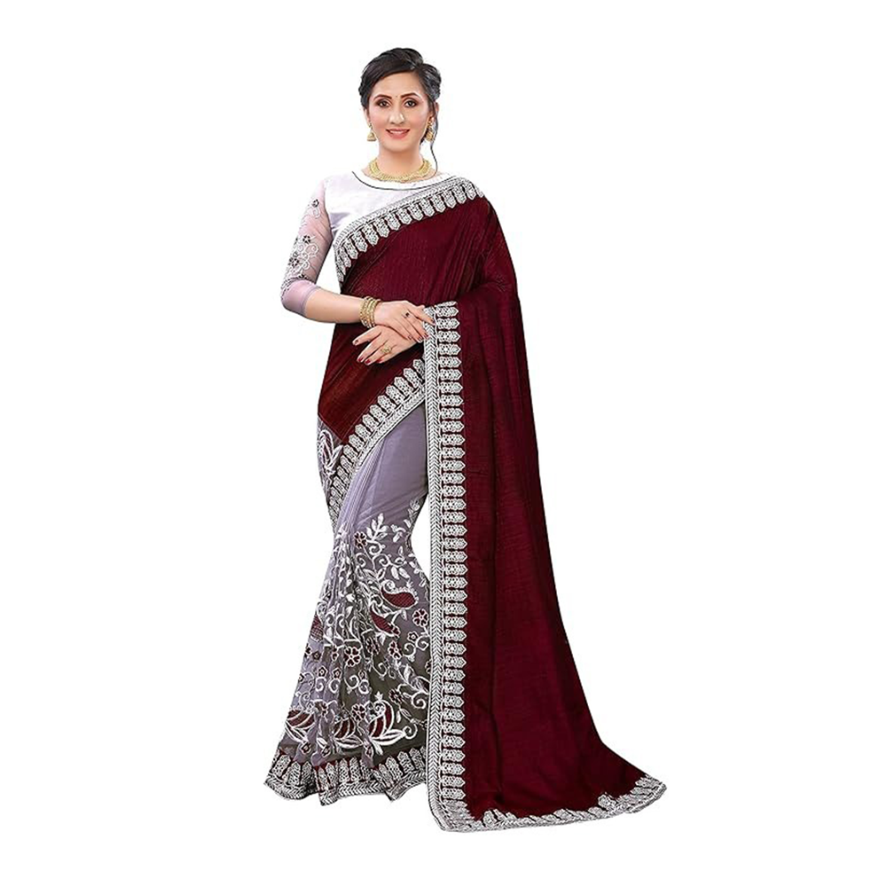 Weightless Georgette Embroidery Worked Saree With Blouse Piece For Women - Maroon - SJ-60