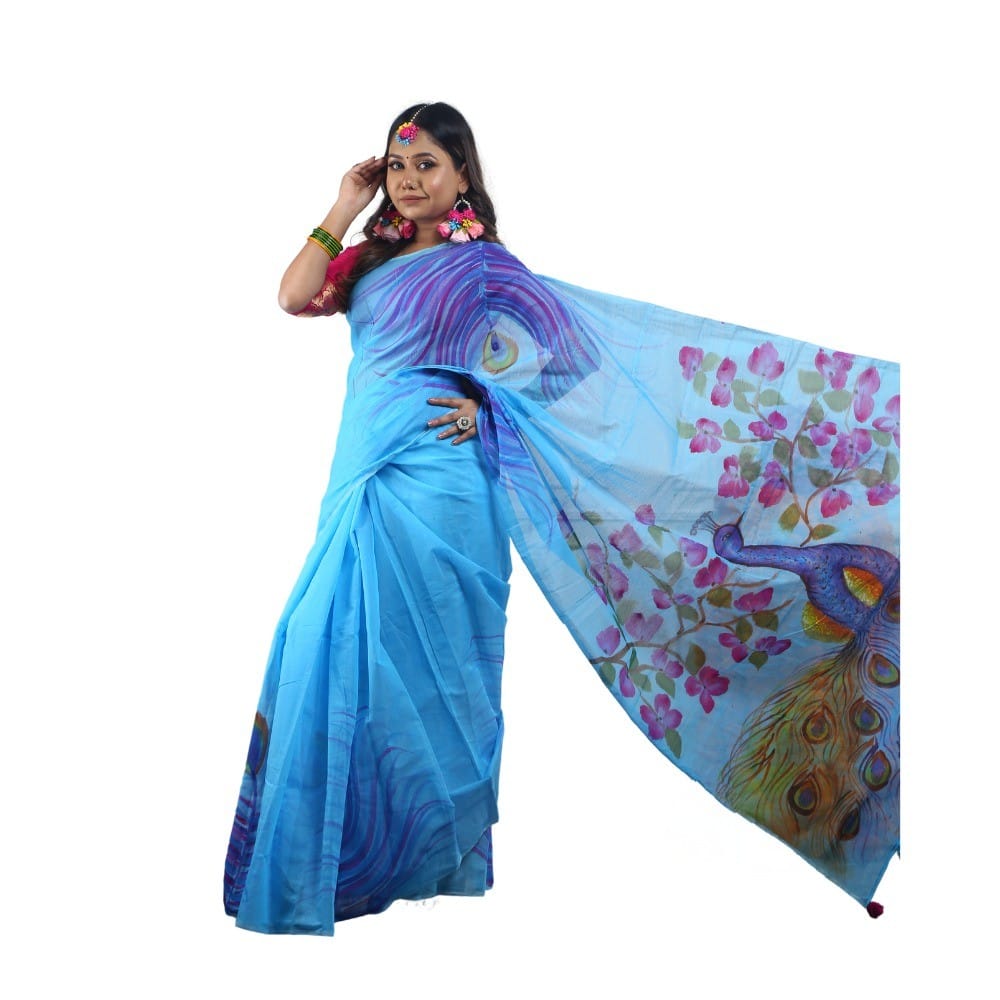 Hand Print Silk Cotton Saree For Women - Sky Blue - SC36