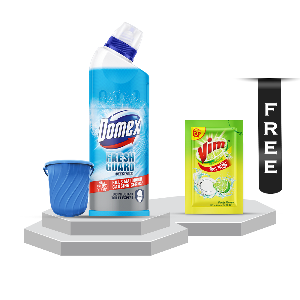 Domex Toilet Cleaning Liquid Ocean Fresh - 750ml With Vim Liquid Dish Washer - 5ml And Bucket Free