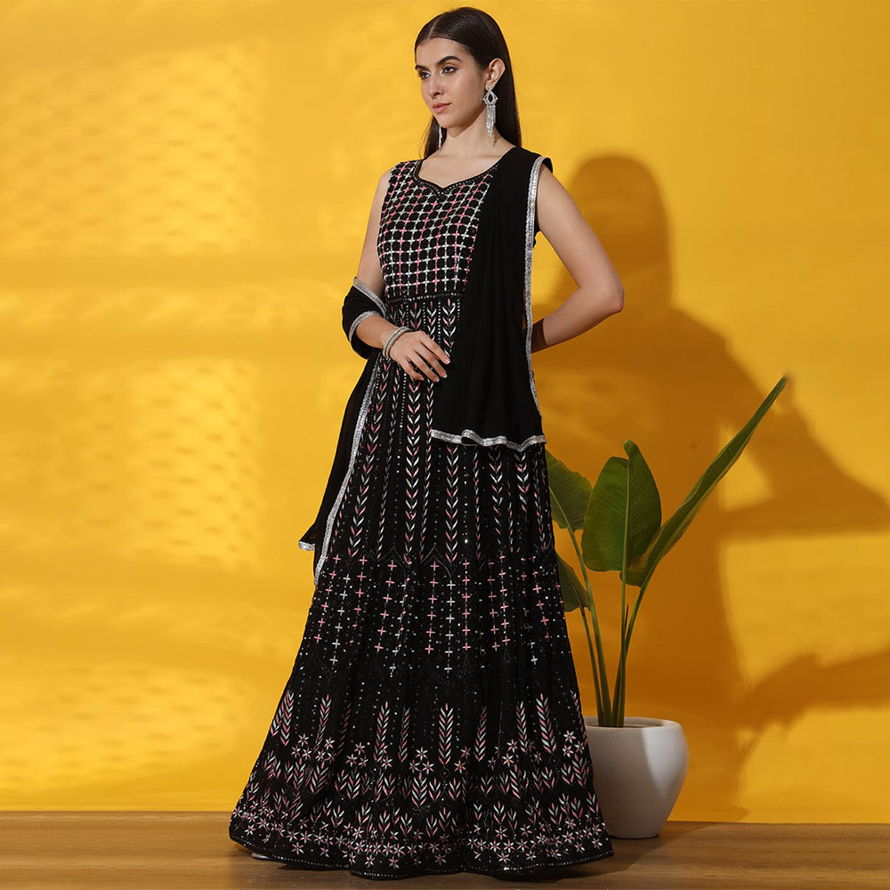 Soft Georgette with Handcrafted Embroidery Indian Crop Top Lehenga for woman - Black