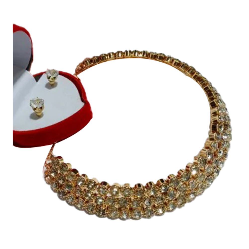 Gold Plated Choker Necklace Set With Earring For Women - Golden