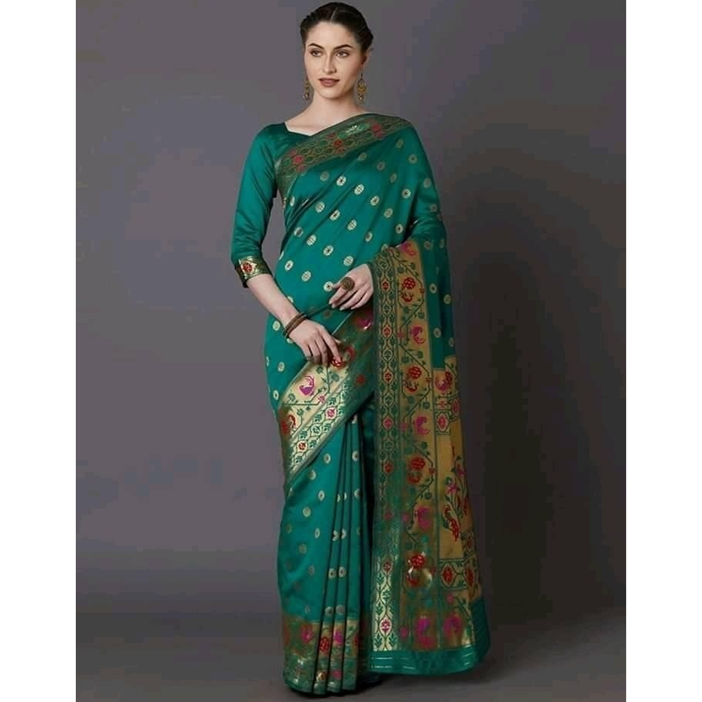 Silk Printed Gorgeous Saree With Blouse Piece For Women - Aqua - MN-747