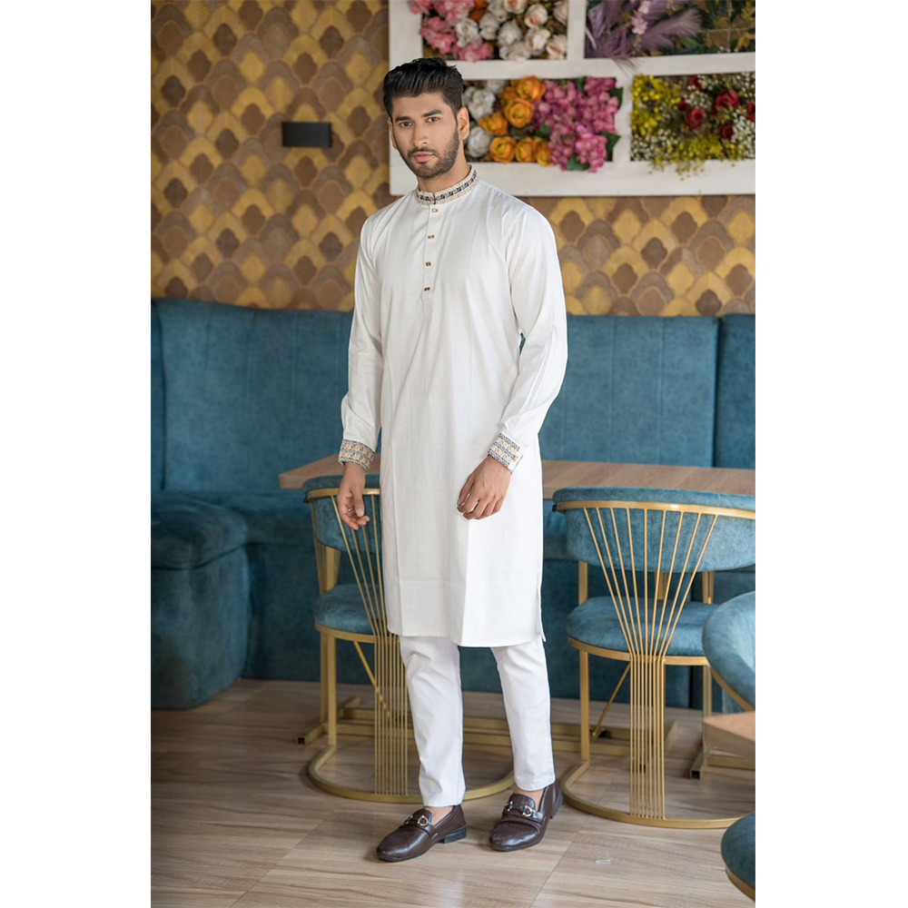 Cotton Embroidery Semi Long Panjabi For Men - White - P-N65