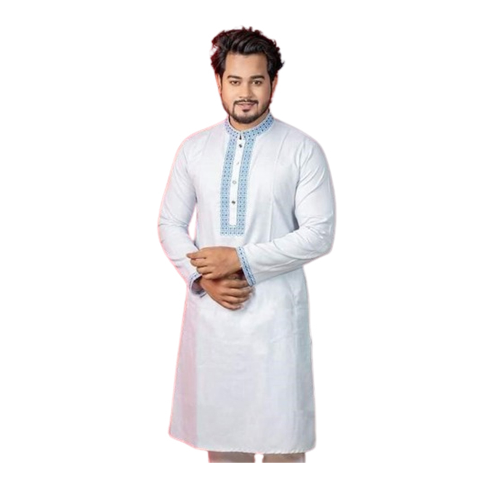 Cotton Embroidery Punjabi For Men - White - P-N1