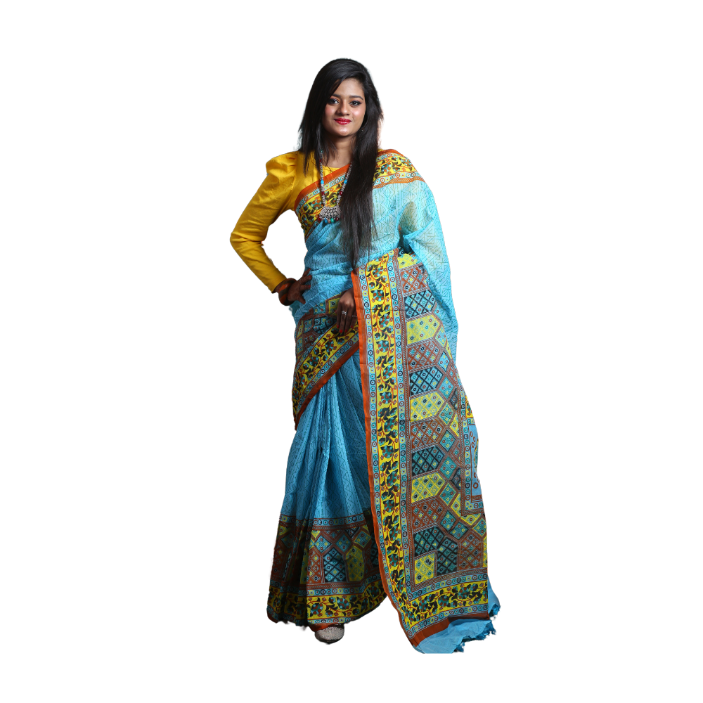 Skin Print Silk Cotton Saree For Women - Picton Blue - SC11