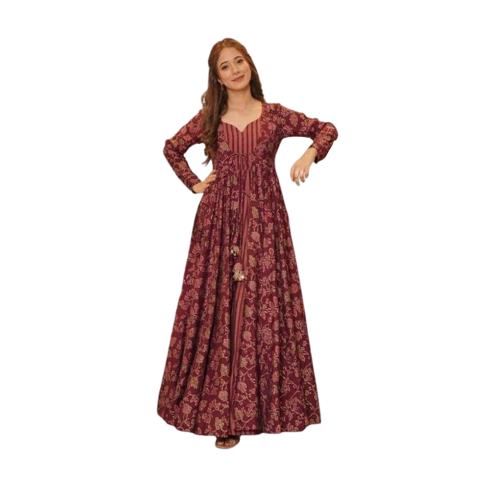 Maslin Cotton One Piece Gown For Women - Maroon - G-M37