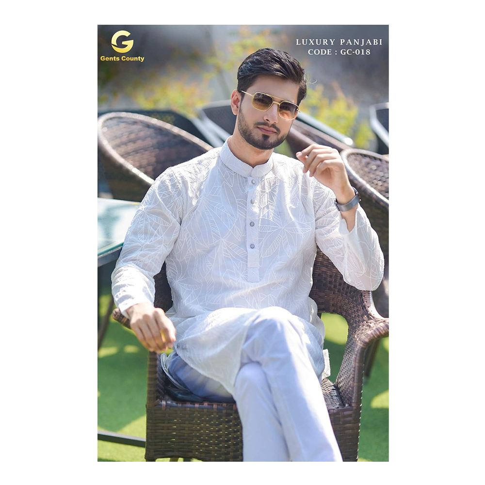 Cotton Embroidered Panjabi For Men - White - GC-018