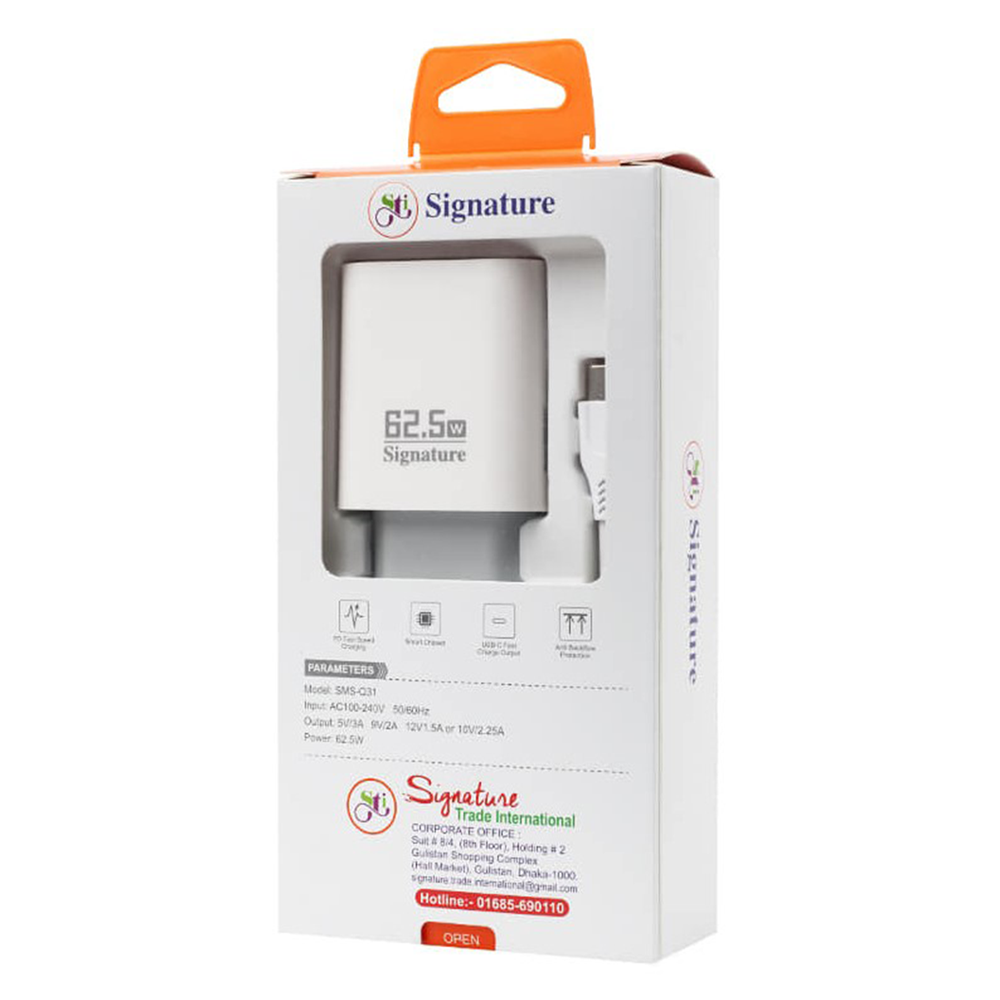 Signature SMS-Q31 Charger With Fast Charging Type-C Data Cable - 62.5W - White