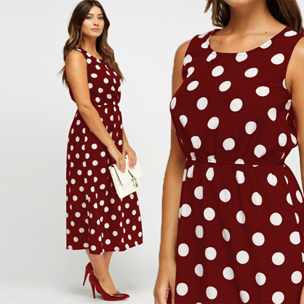 Linen Sleeveless Dot Print Kurti for Women - Maroon - 1822