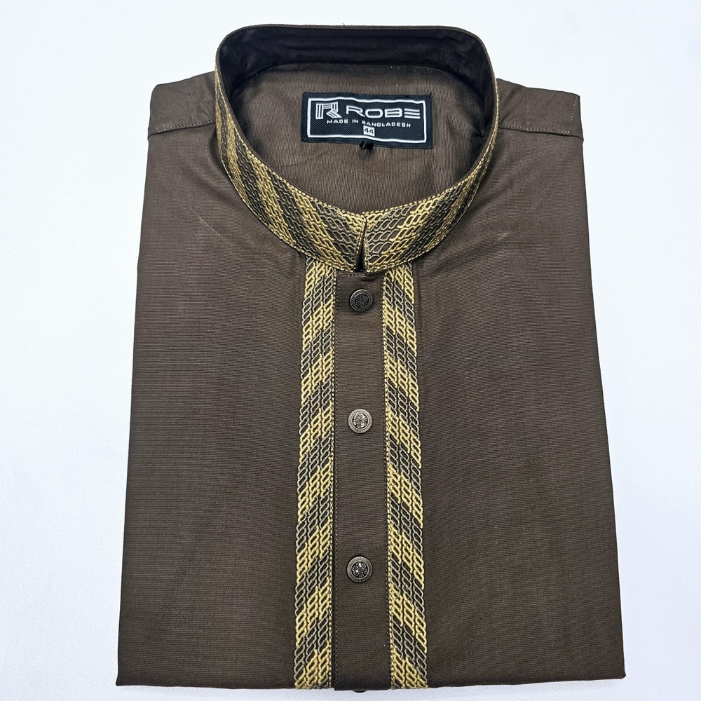  Cotton Embroidery Panjabi For Men - Khaki - 5569