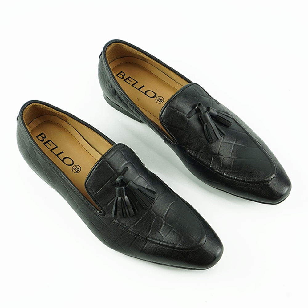 Crocodile Dias Leather Tassel Loafer For Men - 	Black - 103-067