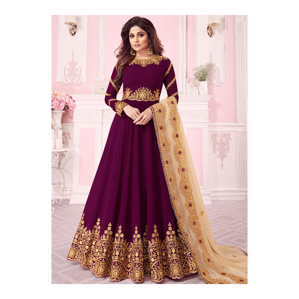 Georgette Semi Stitched Embroidered Anarkali Gown for Women - Purple