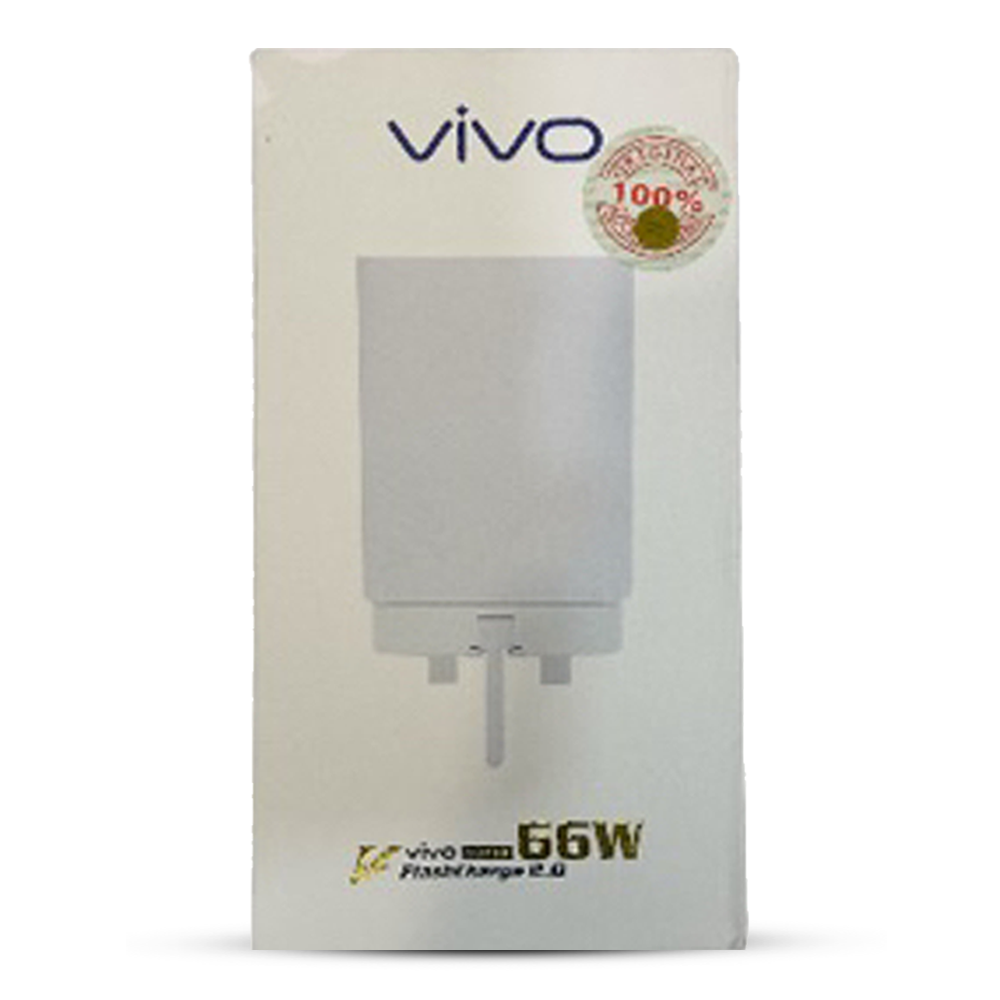 Vivo 66W UK 3 Pin Flash Charge 2.0 Adapter with Type-C Cable - White