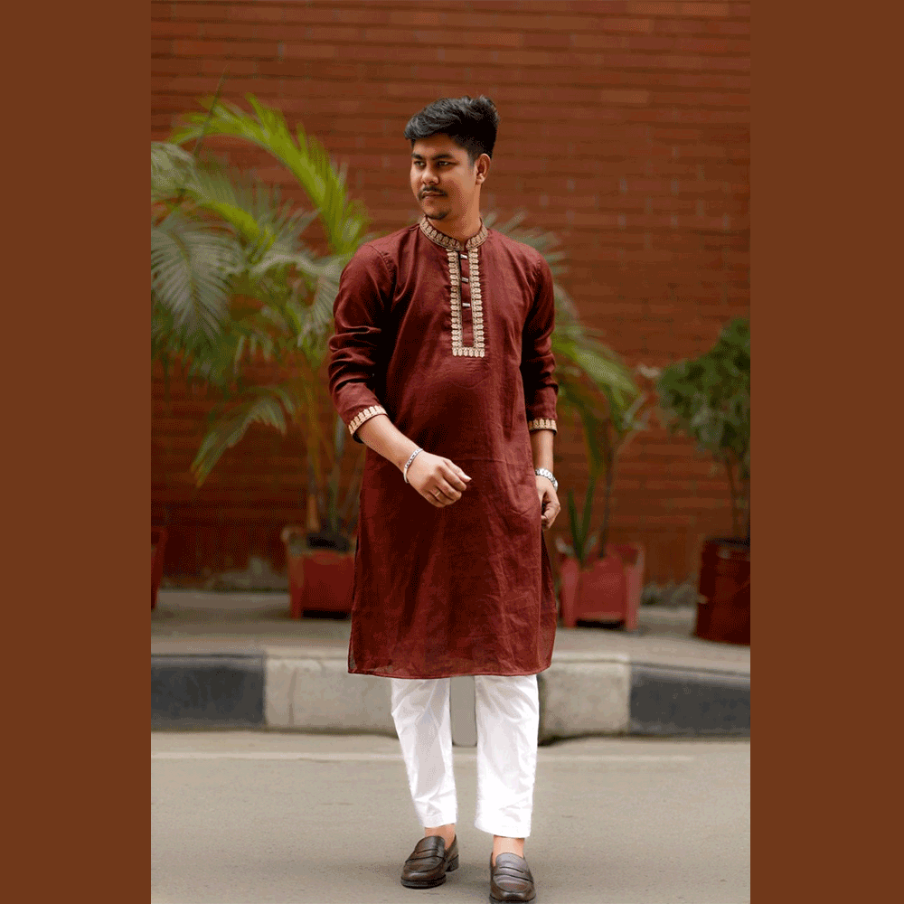 Cotton Embroidered Semi Long Panjabi for Men - Maroon - ACP-425