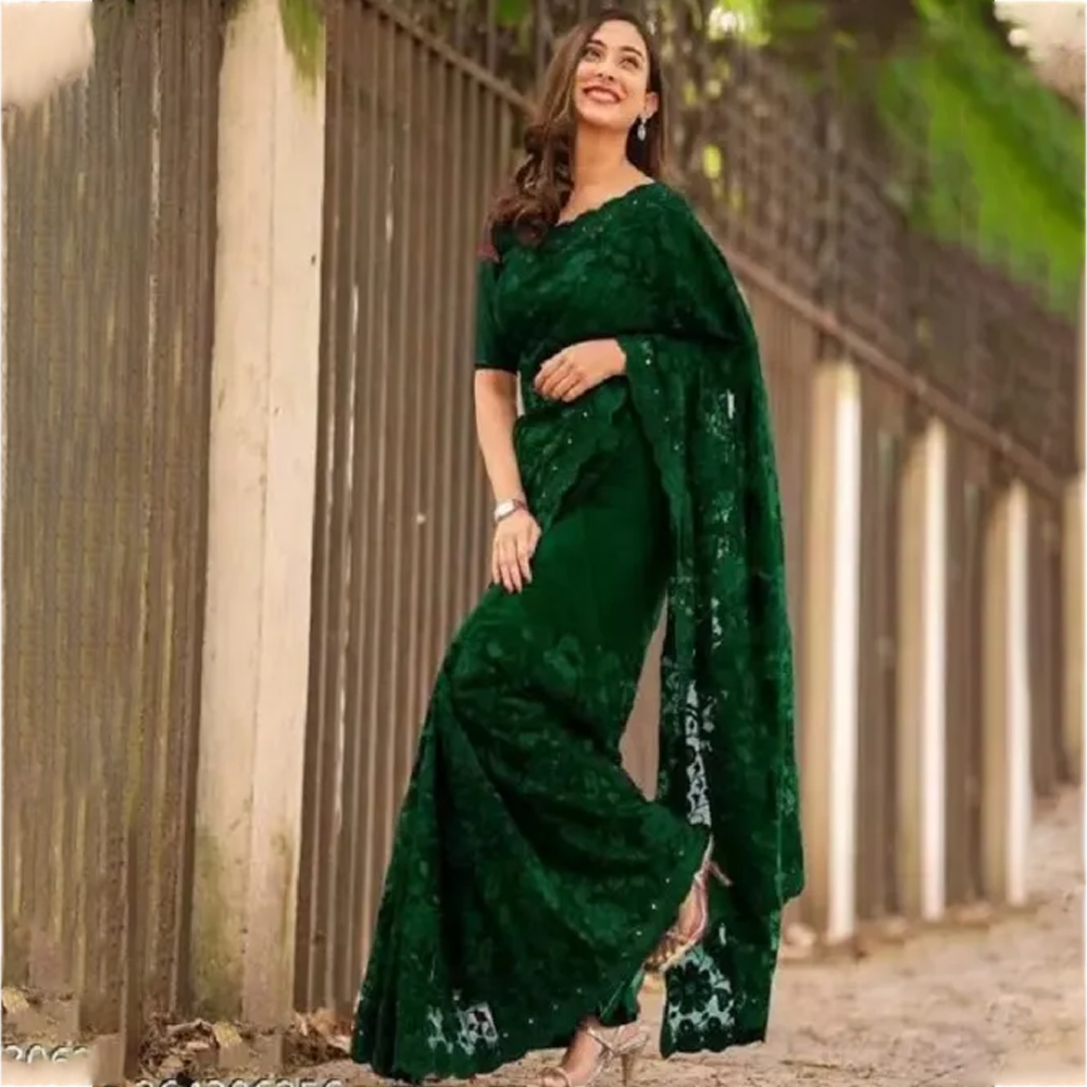 Georgette Embroidery Saree For Women - Green