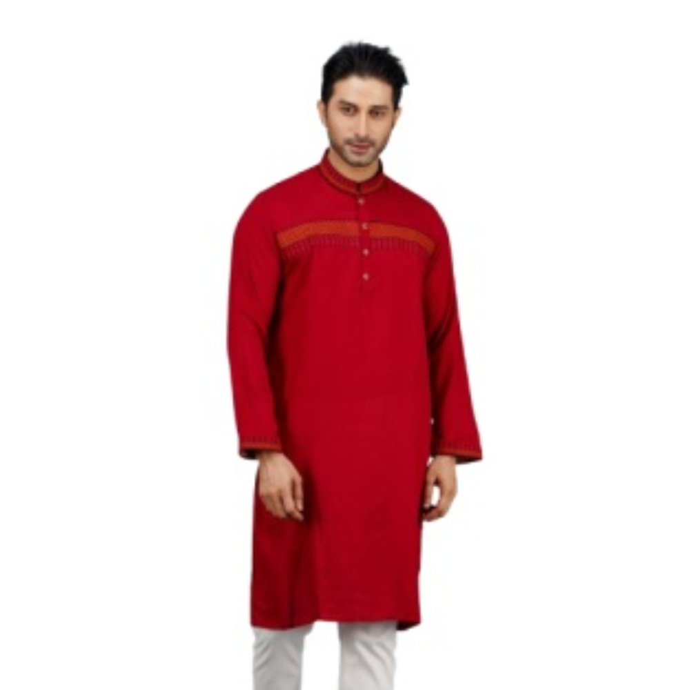 Cotton Embroidery Semi Long Panjabi For Men - Red - PM-16