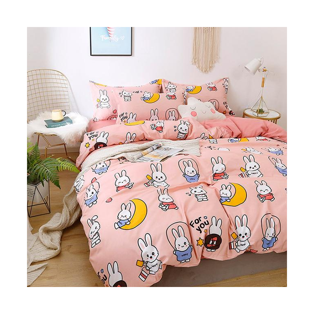  Aloe Cotton King Size Rabbit Printed Kid's Bed Sheet Cover - 4 Pcs Set - Light Pink