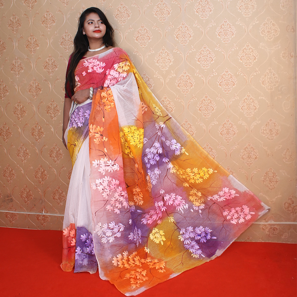 Cotton Half Silk Hand Printed Saree For Women - Multicolor - Single _ 16