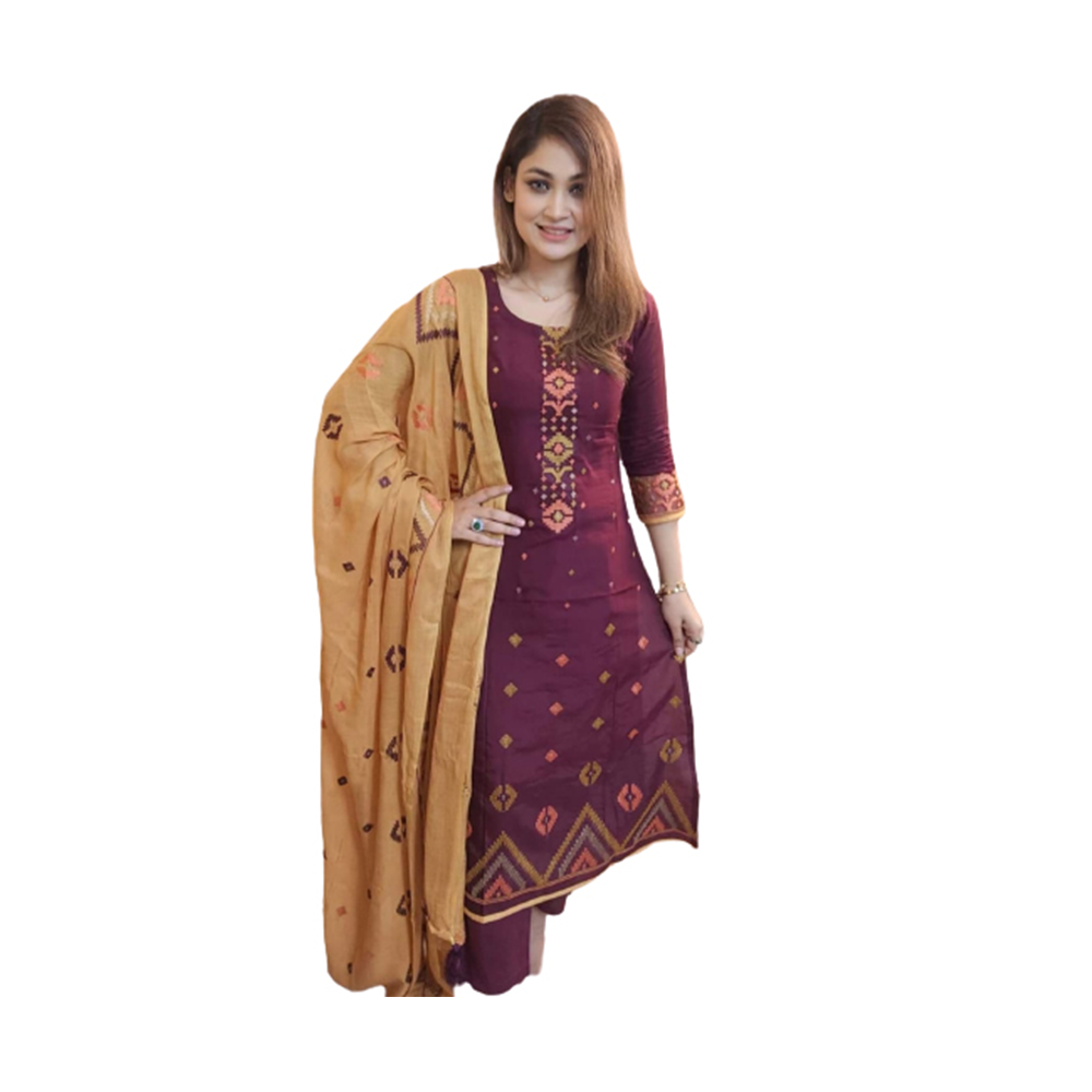 Unstitched Cotton Skin Print Salwar Kameez For Women - Maroon - 3C-72