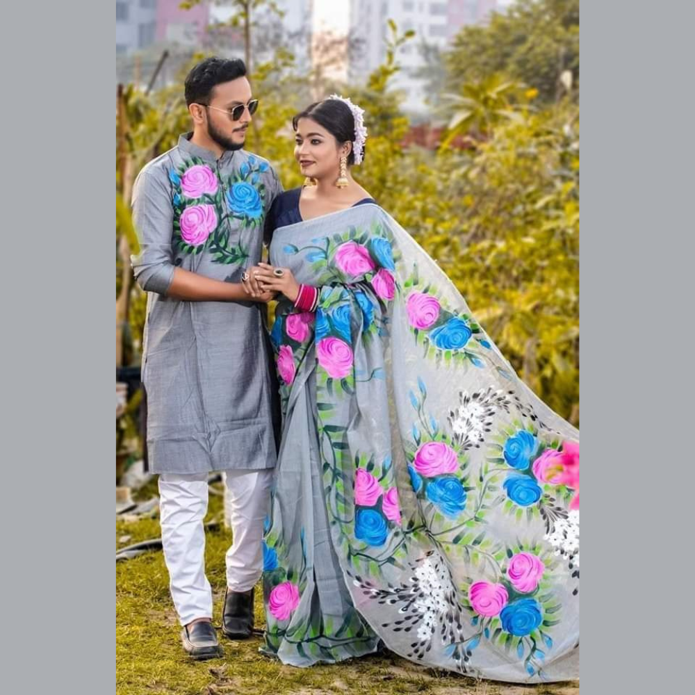 Half Silk Block Print Saree and Silk Cotton Panjabi For Couple - CS03