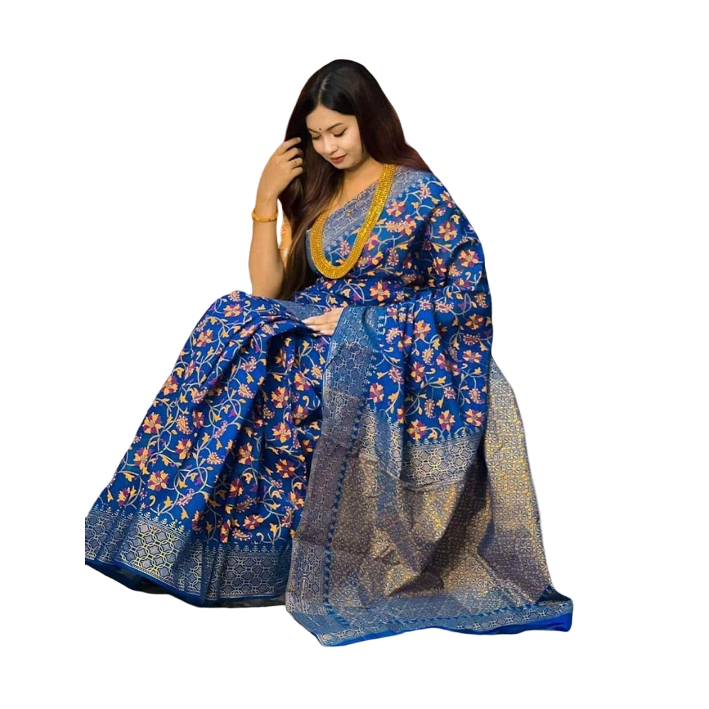 Half Silk Skin Print Saree for Women - Blue - SP-46